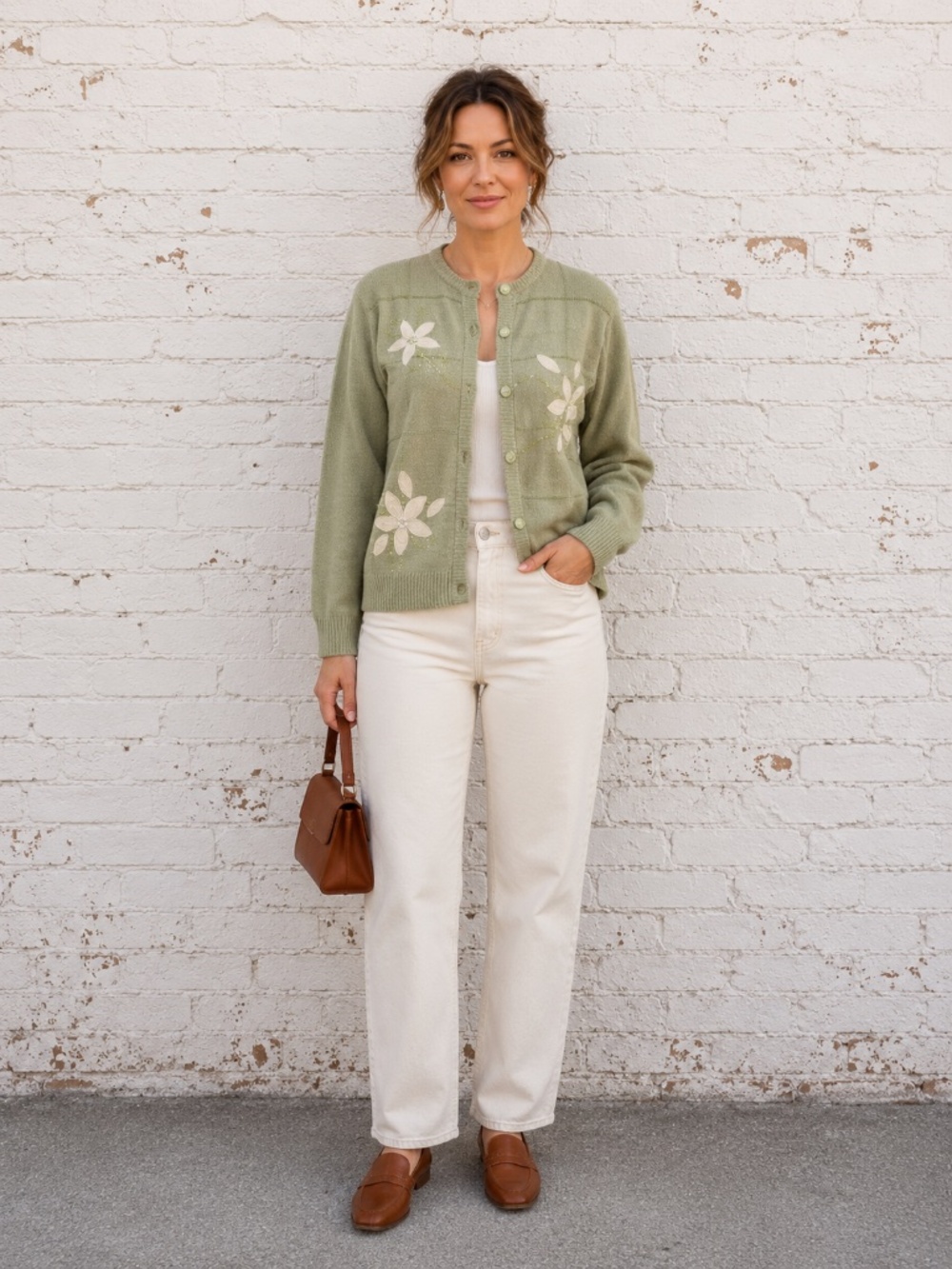 Classic Cottagecore Sage Green Floral Beaded Cardigan Unique Buttons SZ S